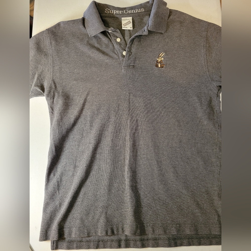 Vintage Wile E Coyote Super Genius Polo Shirt Mens Size M Gray Warner Brothers